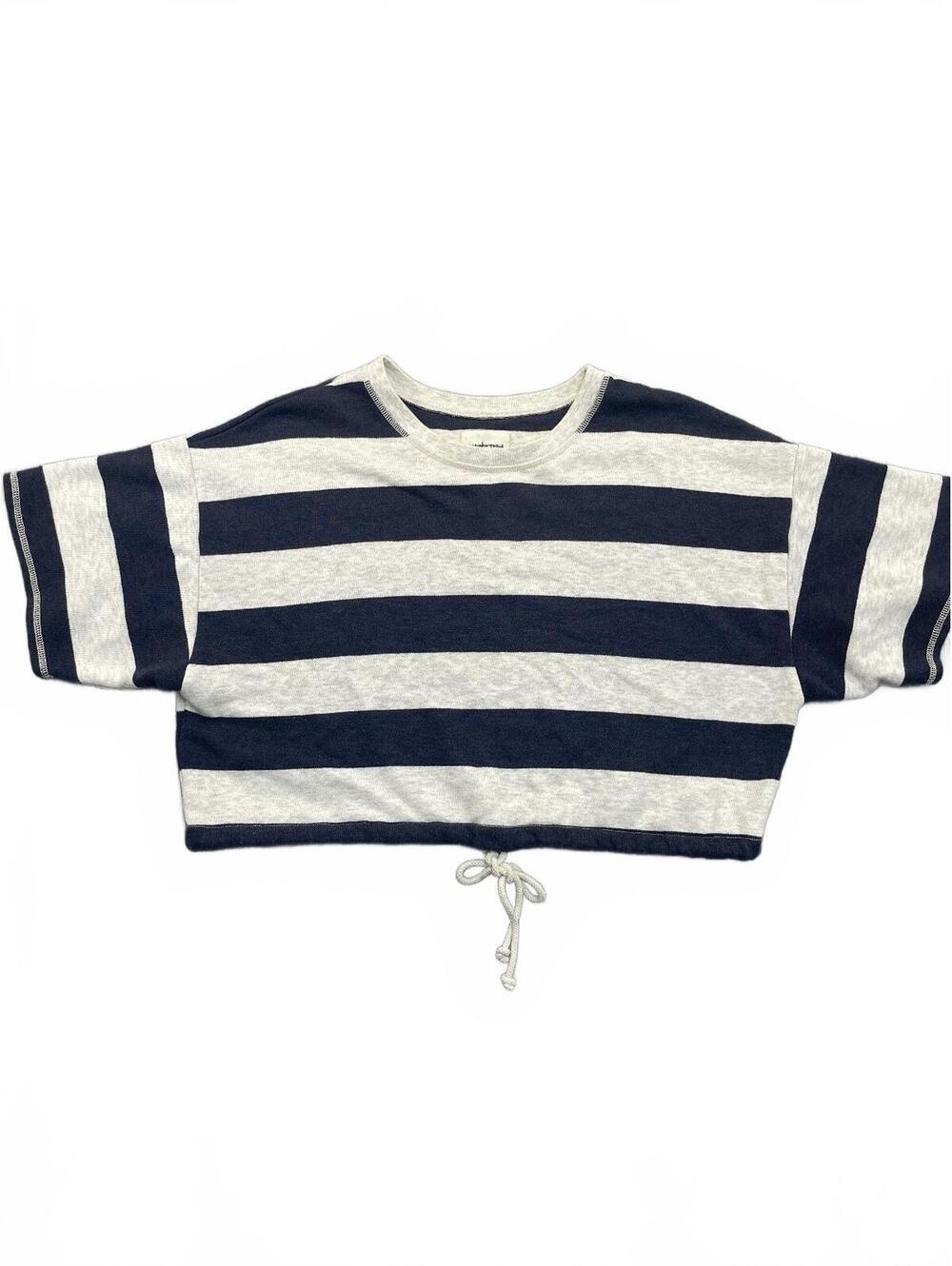 American Eagle Striped Crop Short Sleeve Sweatshirt Drawstring Navy Heather Grey